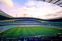 An aerial shot of the City of Manchester Stadium