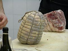 The meat stuffed inside of a bladder, before the aging process