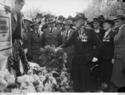 Conyers laying a wreath on the Edith Cavell Memorial in Melbourne, Anzac Day 1942