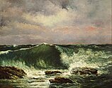 Gustavo Courbet’s painting titled “Waves” and depicting rolling, foamy, sea-green waves crashing on water and rocks.