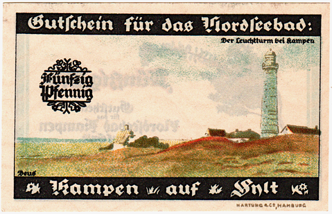 Der Leuchtturm Kampen auf einem Notgeldschein aus Kampen von 1921