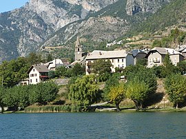 Buildings of Le Lauzet-Ubaye and the lake