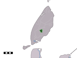 The town centre (dark green) and the statistical district (light green) of Den Burg in the municipality of Texel.