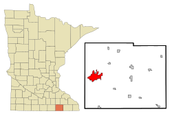 Location of the city of Austin within Mower County in the state of Minnesota