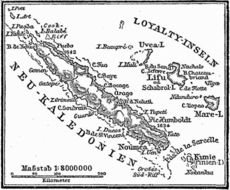 Carte historique extraite de l'encyclopédie allemande Meyers Konversations-Lexikon de la Nouvelle-Calédonie et des îles Loyauté