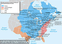 法國印第安戰爭形勢圖，紅為英國土、藍為法國土、橙為西班牙土。戰後，悉歸英國。