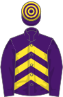 Purple and yellow chevrons, purple sleeves, hooped cap