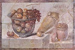 Glass bowl of fruit and vases. Roman wall painting in Pompeii (around 70 AD), Naples National Archaeological Museum, Naples, Italy Pompejanischer Maler um 70 001.jpg