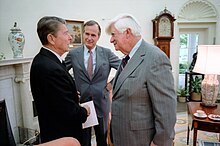 President Ronald Reagan and Vice President George H. W. Bush meet with Tip O'Neill.jpg