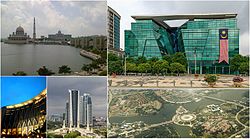 Top left to right: Putra Mosque and Perdana Putra, Ministry of Health building Bottom left to right: Ministry of Finance Complex, Putrajaya, high rise ministry complexes, Putrajaya's Presint 1 from above
