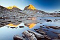 Mt. Fiske (left) and Mt. Huxley (center) reflected in Sapphire Lake at sunset