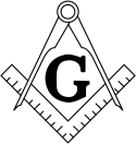 A coat of arms of the Freemasons, showing a set of compasses (above) slightly overlapping a set square (below) with the letter "G" in the center