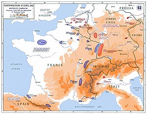 Strategic situation in Western Europe in 1815 : 250,000 Frenchmen faced a coalition of about 850,000 soldiers on four fronts. In addition, Napoleon was forced to leave 20,000 men in Western France to reduce a royalist insurrection.