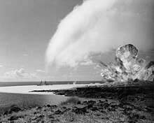 Operation "Sailor Hat", 1965. The detonation of the 500-ton TNT explosive charge for test shot "Bravo", first of a series of three test explosions on the southwestern tip of Kahoʻolawe Island, Hawaii, February 6, 1965