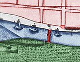 Die Tanzwerderbrücke als Vorgängerbau auf einem Plan von 1728, rechts daneben der Stumpfe Turm