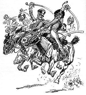 13-й эскадрон лёгких драгунов преследует разбитую французскую конницу, 25 марта 1811 года. Иллюстрация Стэнли Л. Вуда, 1897.