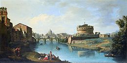 Zobrazeno římské panorama, v centreu je obloukový most přes řeku s kopulovou budovou v dálce. Napravo od mostu je velká kruhová pevnost.