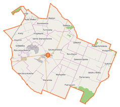 Mapa konturowa gminy Wierzbica, w centrum znajduje się punkt z opisem „Parafia Przemienienia Pańskiego”