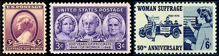 During the 20th century, the U.S. Post Office, under the auspices of the U.S. Government, had issued commemorative postage stamps celebrating notable women who fought for women suffrage and other rights for women. From left to right:
-- Susan B Anthony, 1936 issue
-- Elizabeth Stanton, Carrie C. Catt, Lucretia Mott, 1948 issue
-- Women Suffrage, 1970 issue, celebrating the 50th anniversary of voting rights for women Women Suffrage Issues of the 20th century.jpg