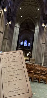 Cover page of a 1789 U.S. Book of Common Prayer inside the Washington National Cathedral, Washington, D.C. 1789 prayer book inside the National Cathedral.jpg