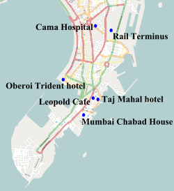 Iskujen kohteita Mumbaissa 26.11.2008.