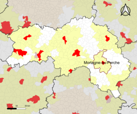 Localisation de l'aire d'attraction de Mortagne-au-Perche dans le département de l'Orne.