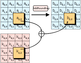 In the AddRoundKey step, each byte of the state is combined with a byte of the round subkey using the XOR operation (⊕).