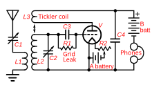 Circuit of single tube Armstrong regenerative receiver Armstrong regenerative receiver circuit.svg