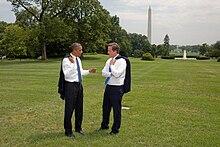 United States President Barack Obama talks to British Prime Minister David Cameron on the South Lawn of the White House, 20 July 2010. Barack Obama and David Cameron on White House South Lawn.jpg