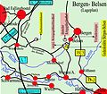 Schematische kaart, waarop het herdenkingscentrum van Kamp Bergen-Belsen en de hunebedden Sieben Steinhäuser in geel zijn gemarkeerd