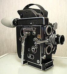This 16 mm spring-wound Bolex "H16" Reflex camera is a popular entry level camera used in film schools. BolexH16.jpg
