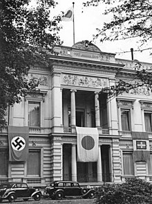 Flags of Germany, Japan, and Italy draping the facade of the Embassy of Japan on the Tiergartenstrasse in Berlin (September 1940) Bundesarchiv Bild 183-L09218, Berlin, Japanische Botschaft.jpg