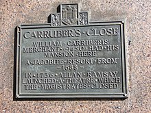 Carruber's Close, site of an early, but short-lived attempt by the poet, Allan Ramsay, to reintroduce theatre to Scotland in 1737. Carruber's Close plaque, High Street - geograph.org.uk - 1529899.jpg