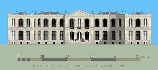 Essai de restitution de l'élévation du château de Crécy, façade de l'entrée. Les ailes latérales des communs ne sont pas représentées.