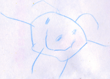 A children's drawing of a human figure represented a roughly hexagonal head with a smiley face, lacking a torso, with legs (and often arms) sprouting from its head. The figure also has two antennae sprouting from the top. The drawing is made on paper in simplistic lines with blue crayon.