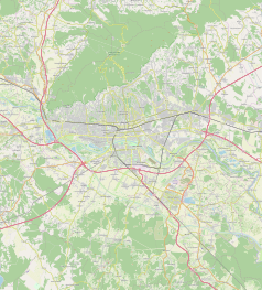 Mapa konturowa Zagrzebia, blisko centrum na lewo znajduje się punkt z opisem „Dom Sportova”