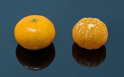 Clementina (Citrus × clementina), um cruzamento entre a laranja e a tangerina, descascada e sem descascar (definição 4 541 × 2 832)