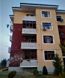 Azerbaijani authorities had stated that about four thousand civilian objects were damaged in the territory of the Tartar District as a result of the bombardment of the district. Damage to an apartment in Shikharkh, a town for IDPs 2.png