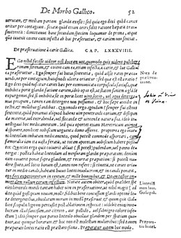 A page from De Morbo Gallico ('On the French Disease'), Gabriele Falloppio's treatise on syphilis. Published in 1564, it describes what is possibly the first use of condoms. De Morbo Gallico.jpg