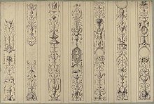 Seven Western arabesque panels, Farnsborough, England. Drawings by Jules Lachaise and Eugene-Pierre Gourdet, 1880-1886 Design for Seven Vertical Panels of Arabesque Decoration, Farnsborough, England MET 67.827.22.jpg