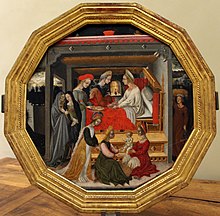 Desco da parto with the birth given a contemporary setting, Siena, c. 1420-40 Domenico di bartolo, desco da nozze con nascita del battista, 1420-40 ca. (siena) 01.JPG