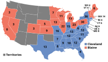 Democrat Grover Cleveland defeated Republican James G. Blaine in the 1884 election ElectoralCollege1884.svg