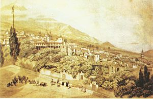 Acuarela de una vista del valle de La Orotava con el Teide al fondo
