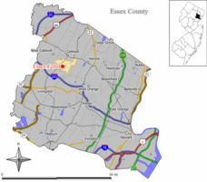 Map of Essex Fells in Essex County. Inset: Location of Essex County highlighted in the State of New Jersey.