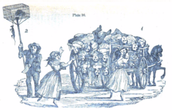 ילדים כפותים ודחוסים מובלים אל מותם. נשים רצות אליהם. משמאל: לוכד עכברים מציע את שירותיו. מתוך ספרו של גומפרץ Fragments in Defence of Animals - 1852
