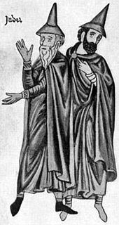 Jews wearing the pileus cornutus depicted ca. 1185 in the Hortus deliciarum of the Abbess Herrad of Landsberg. GermanJews1.jpg