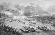 Boats of HMS Iris and HEICS Phlegethon and natives from Kimanis, Papar and Kallas attack Haji Saman's house and battery - 16 August 1846 Haji Saman's Battery.jpg