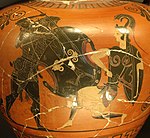Herakles kjemper mot en amasone, detalj av en attisk vase fra ca. 500 f.Kr..