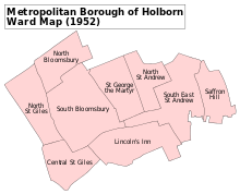 Wards of the Metropolitan Borough of Holborn, 1952. Bloomsbury and St Giles (including most of Lincoln's Inn) were sub-divided but retained their identity Holborn Met. B Ward Map 1952.svg