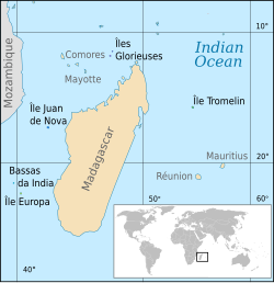 Location of the Scattered islands in the Indian Ocean. 1. Bassas da India2. Europa Island3. Glorioso Islands4. Juan de Nova Island5. Tromelin IslandKM=Comoros MG=Madagascar MU=Mauritius MZ=Mozambique RE=Réunion YT=Mayotte